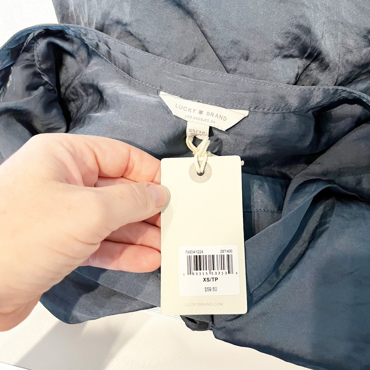 Lucky Brand Satin V Neck Short Sleeve Top Blouse Blue XS