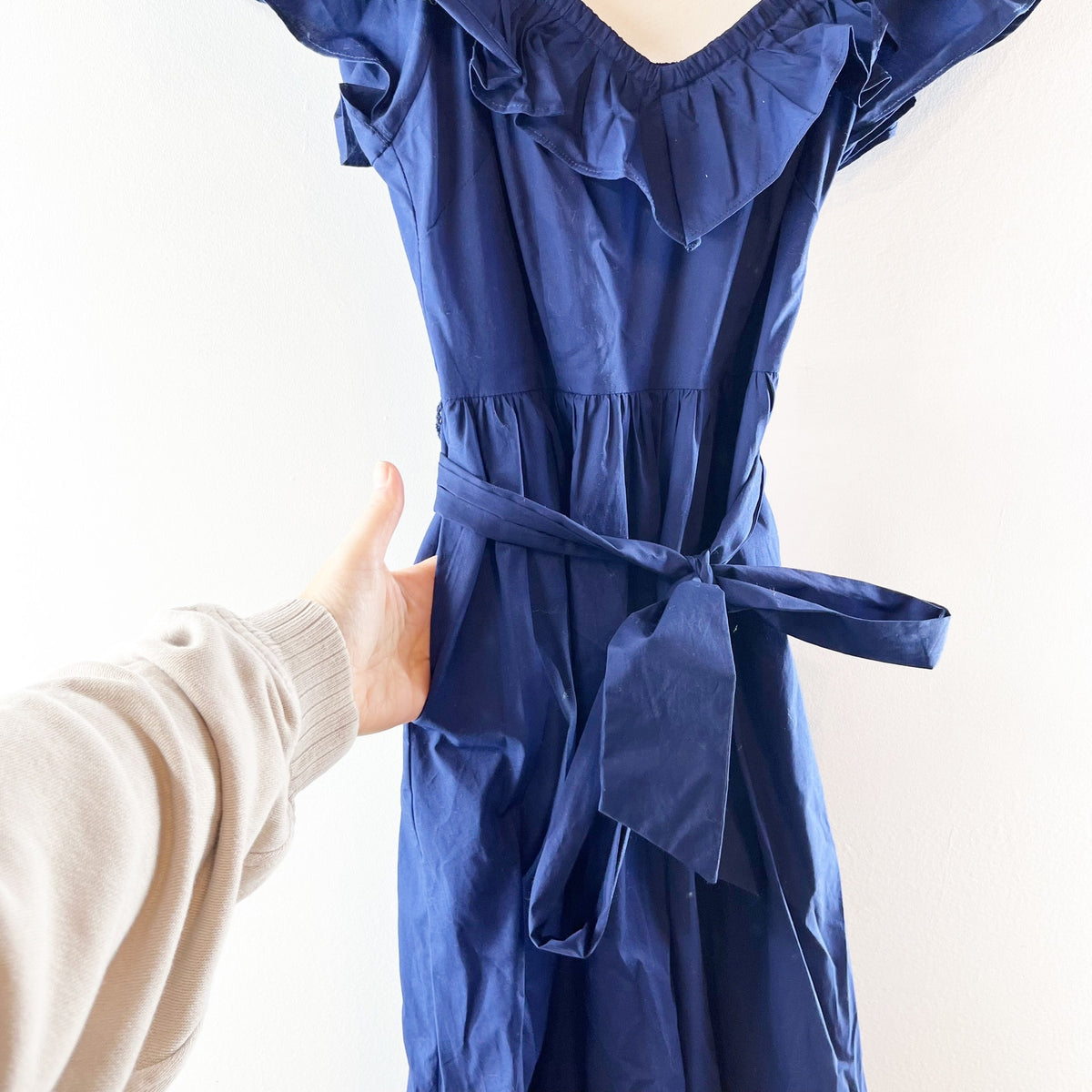 Hill House The Ava Ruffle Strap Belted Tie Waist Midi Dress Navy Blue XS