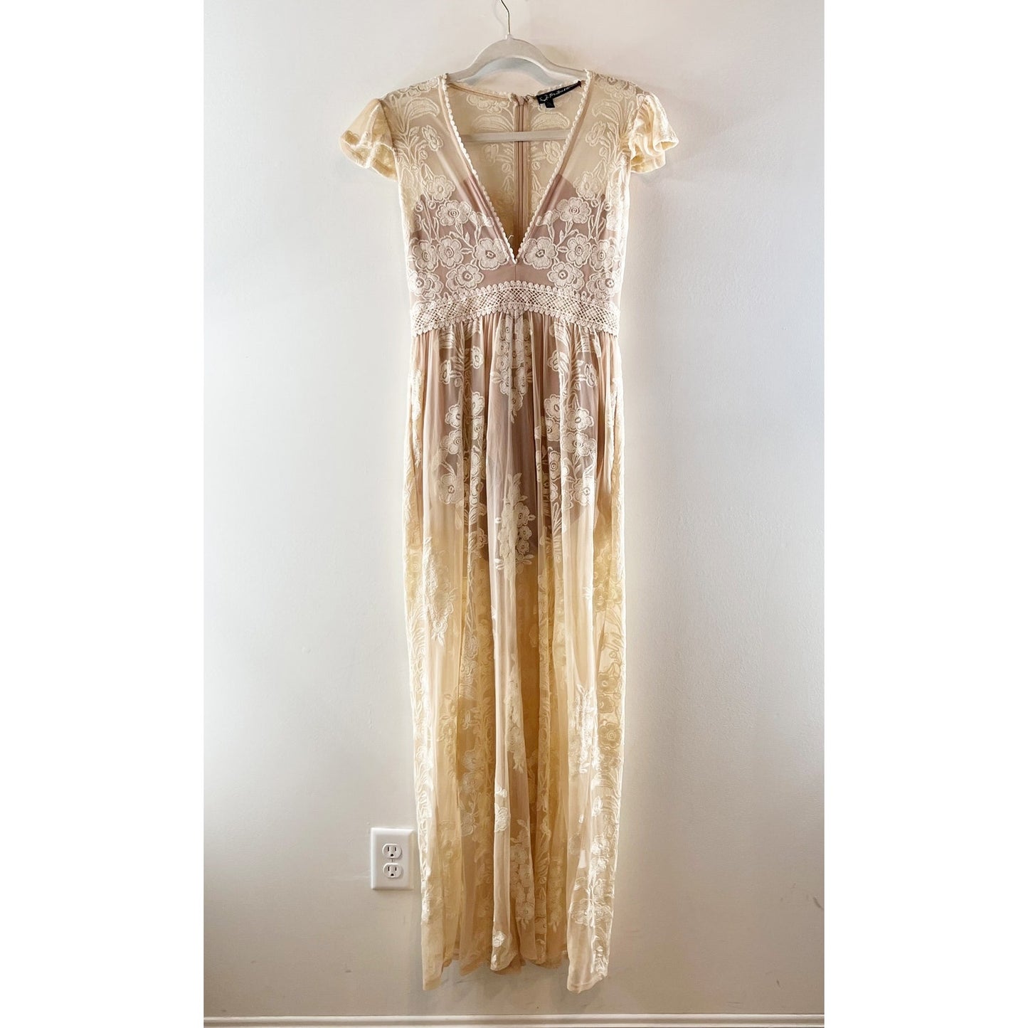 For Love & Lemons Violetta Embroidered Mesh Lace Maxi Dress Nude Ivory White L