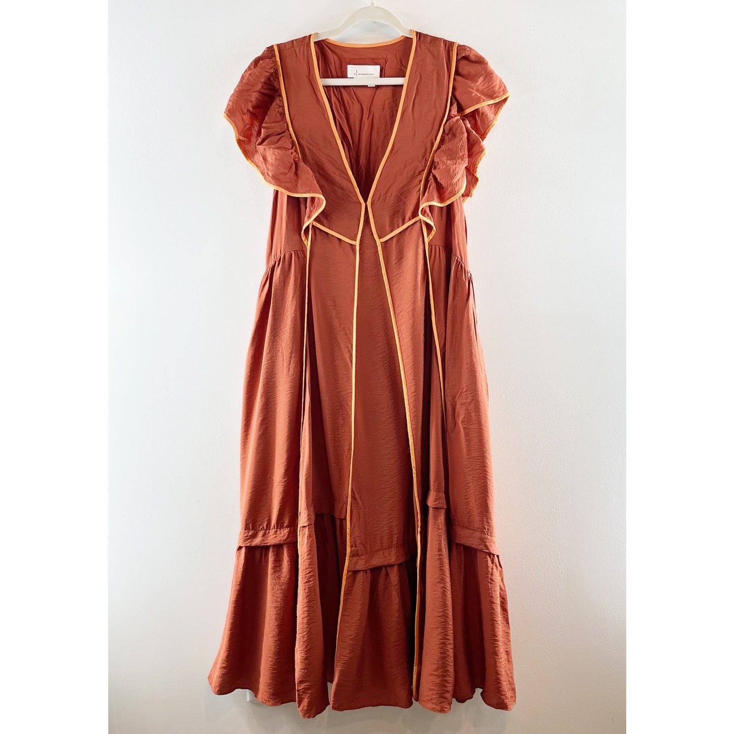 Anthropologie The Mimi Flutter-Sleeve Tipped Maxi Dress Rust Medium Petite