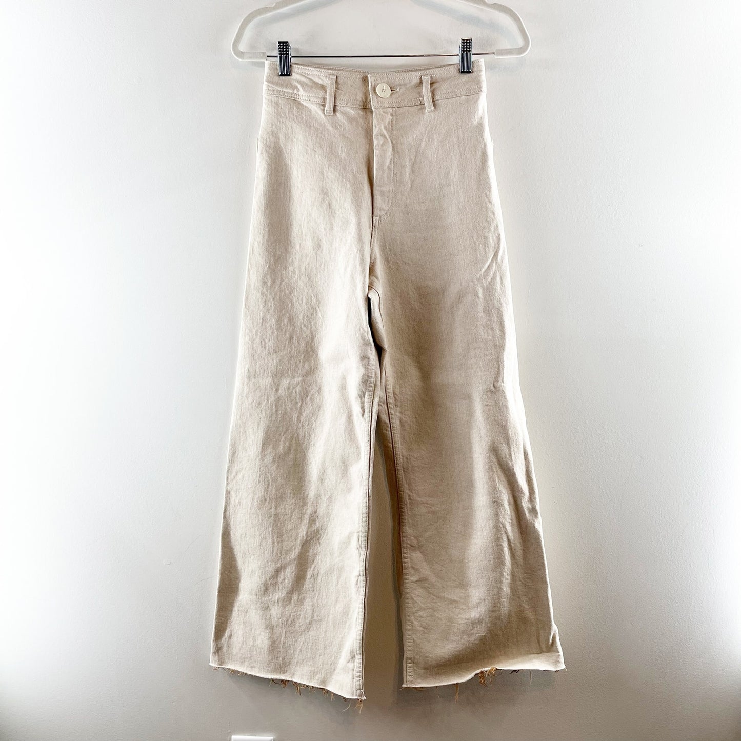 ZARA High Rise Marine Wide Leg Cropped Jeans Pants Tan Khaki 4