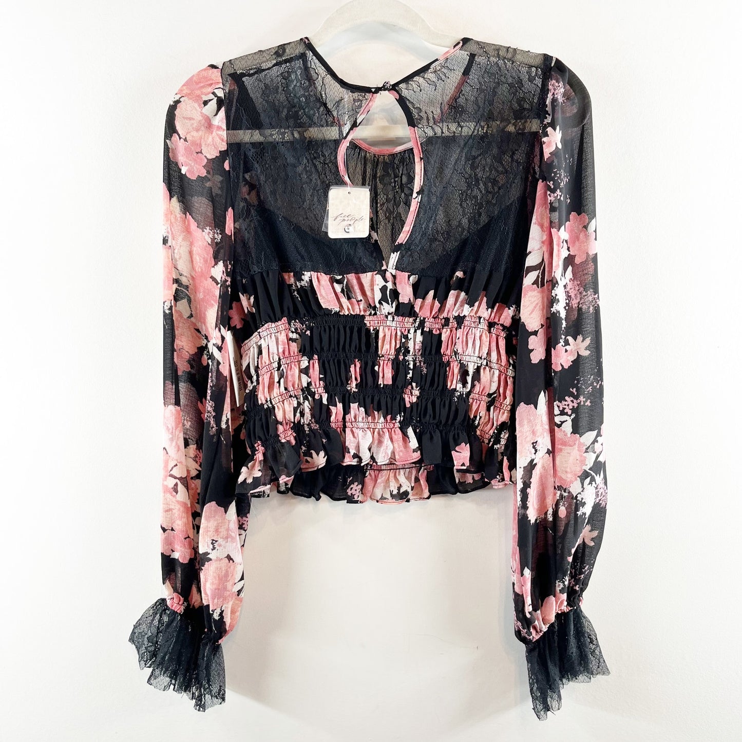 Free People Daphne Floral Long Sleeve Blouse Pink Black Medium