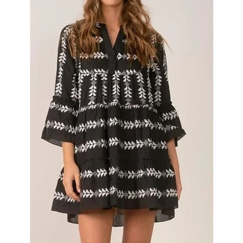 Elan 3/4 Bell Sleeve Embroidered Mini Arrow Swing Babydoll Dress Black White