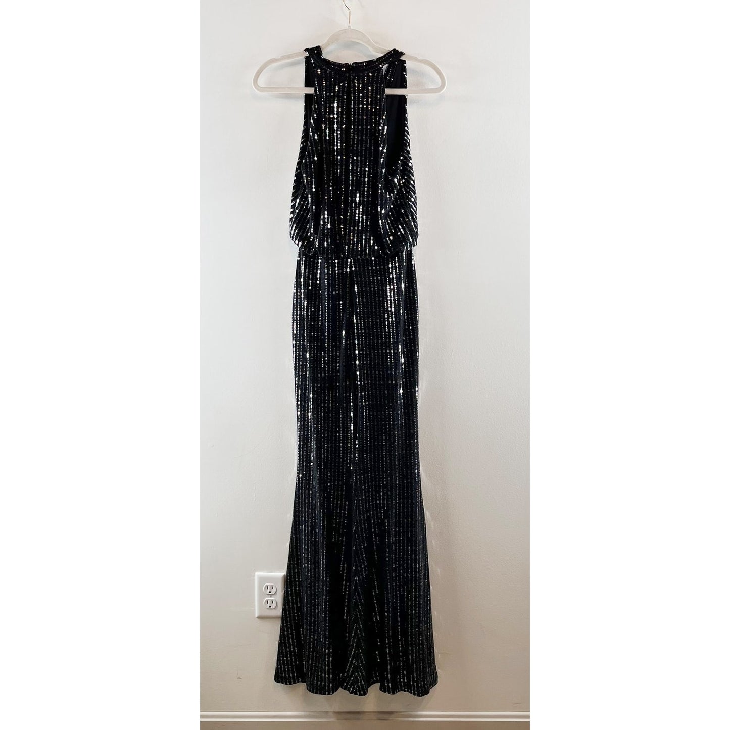 Calvin Klein Sleeveless V Neck Blousson Top Sequin Sparkle Maxi Dress Gown Black