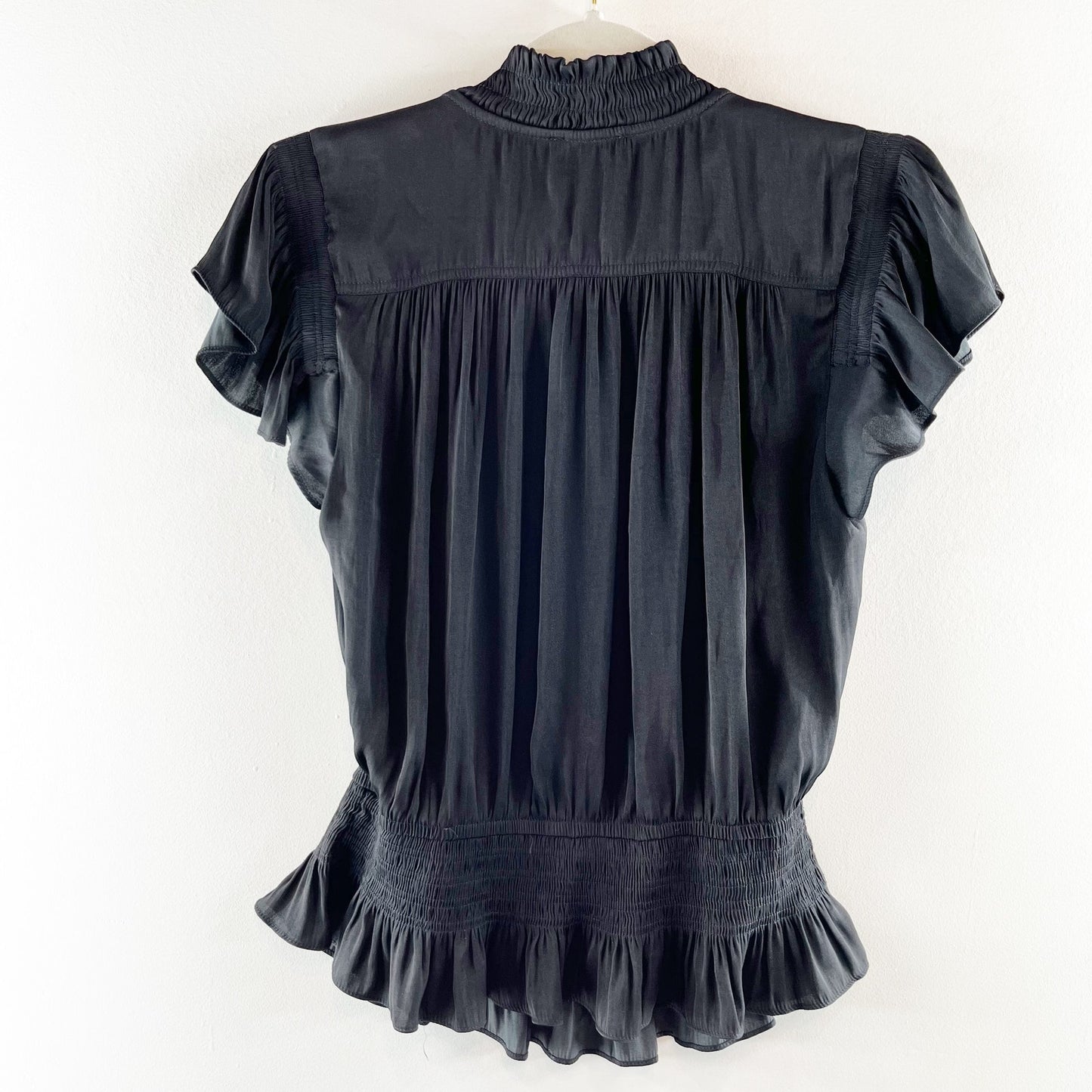Current Air Los Angeles V-Neck Flutter Sleeve Smocking Waist Blouse Black Small