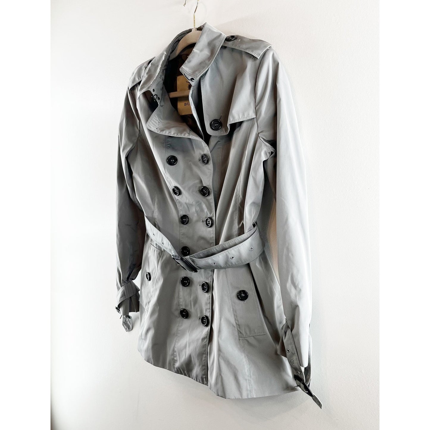 Burberry London Long Sleeve Double Breasted Belted Trench Coat Light Gray 6