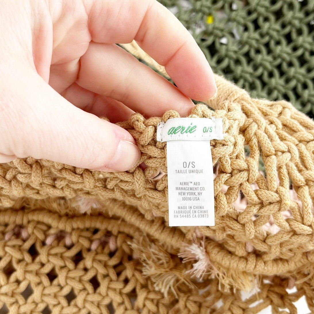 Aerie Crochet Beach Tote Bag Purse Brown Pink Green