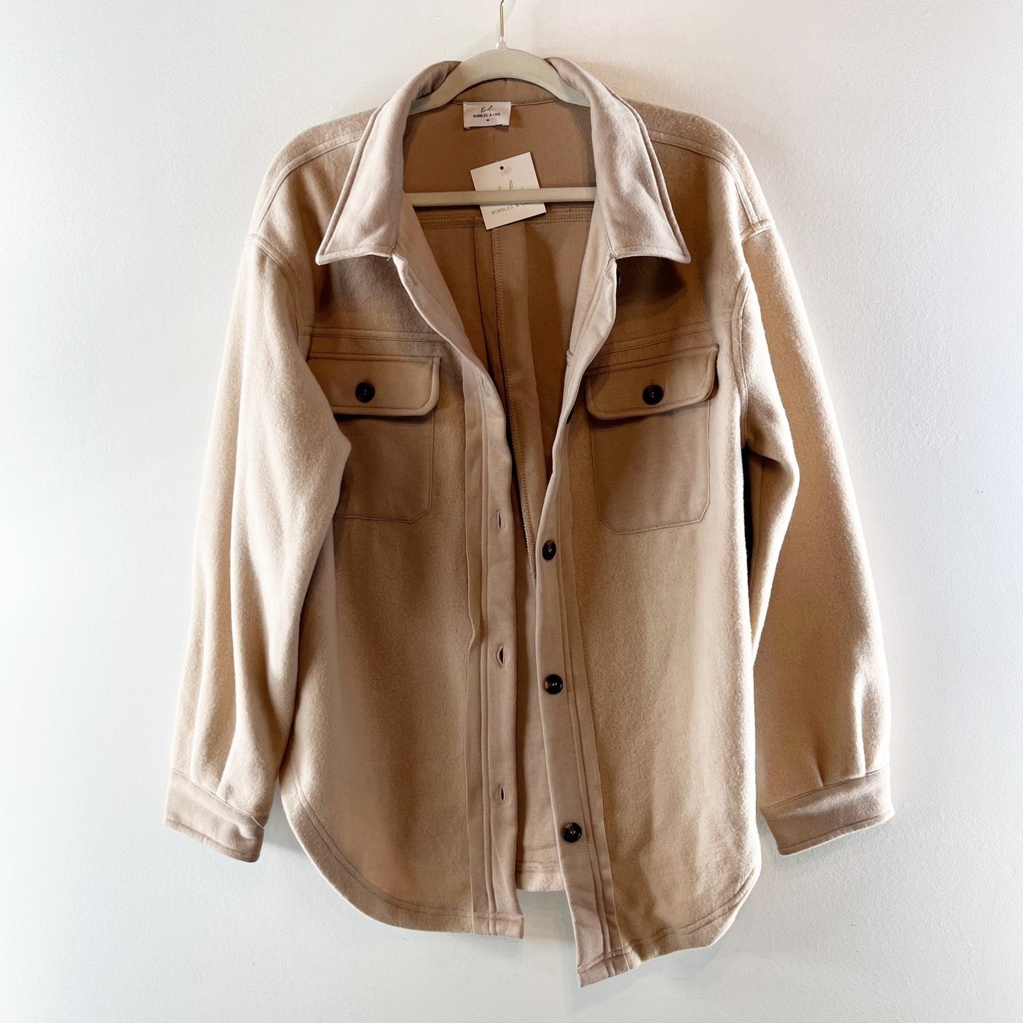 Bobbles & Lace My Go To Shacket Jacket Soft Long Sleeve Taupe Tan Medium