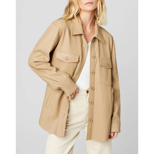 Blank NYC Faux Leather Long Sleeve Button-Front Shacket Tan Beige Small