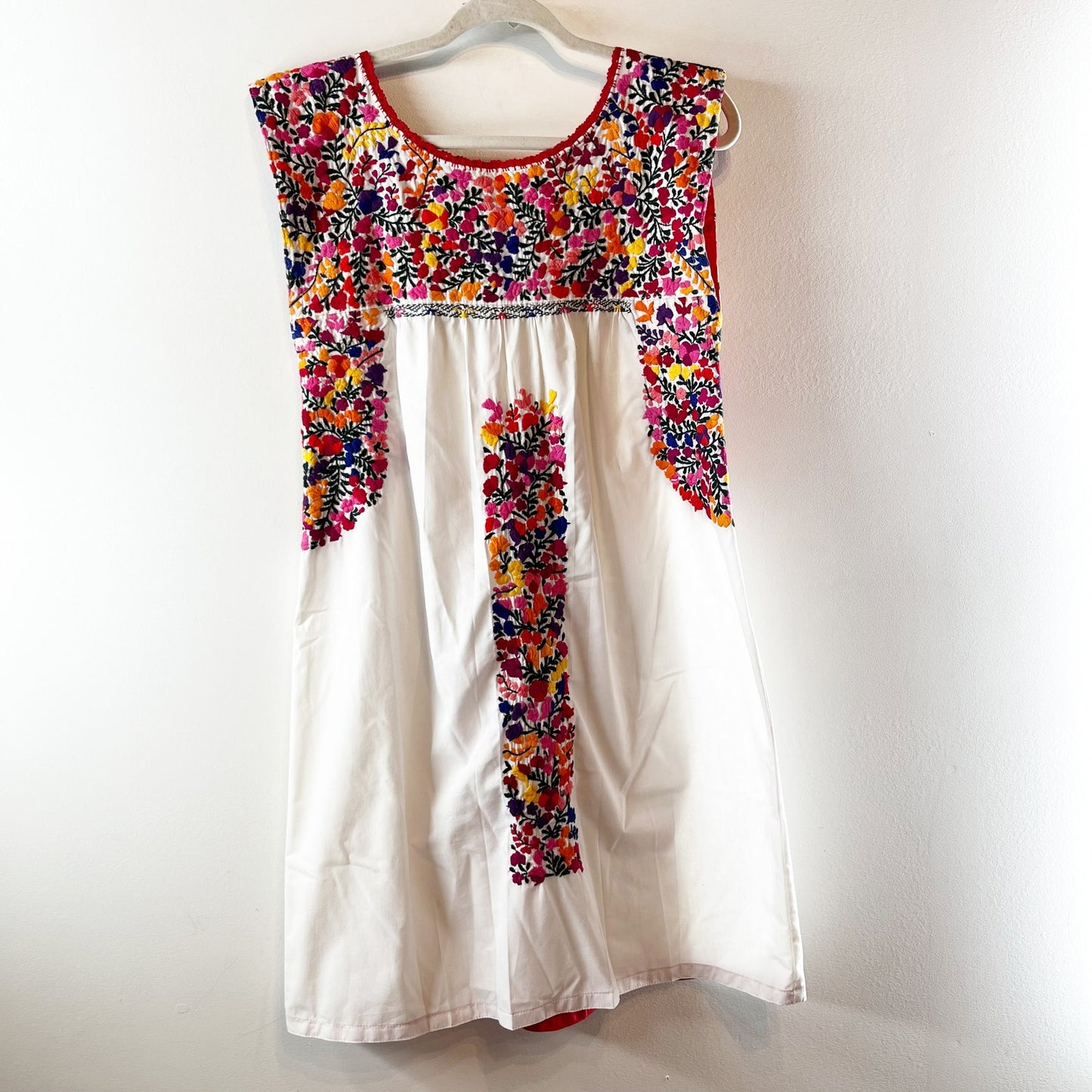 Mi Golondrina Embroidered Shift Mini Dress White Red Pink Small