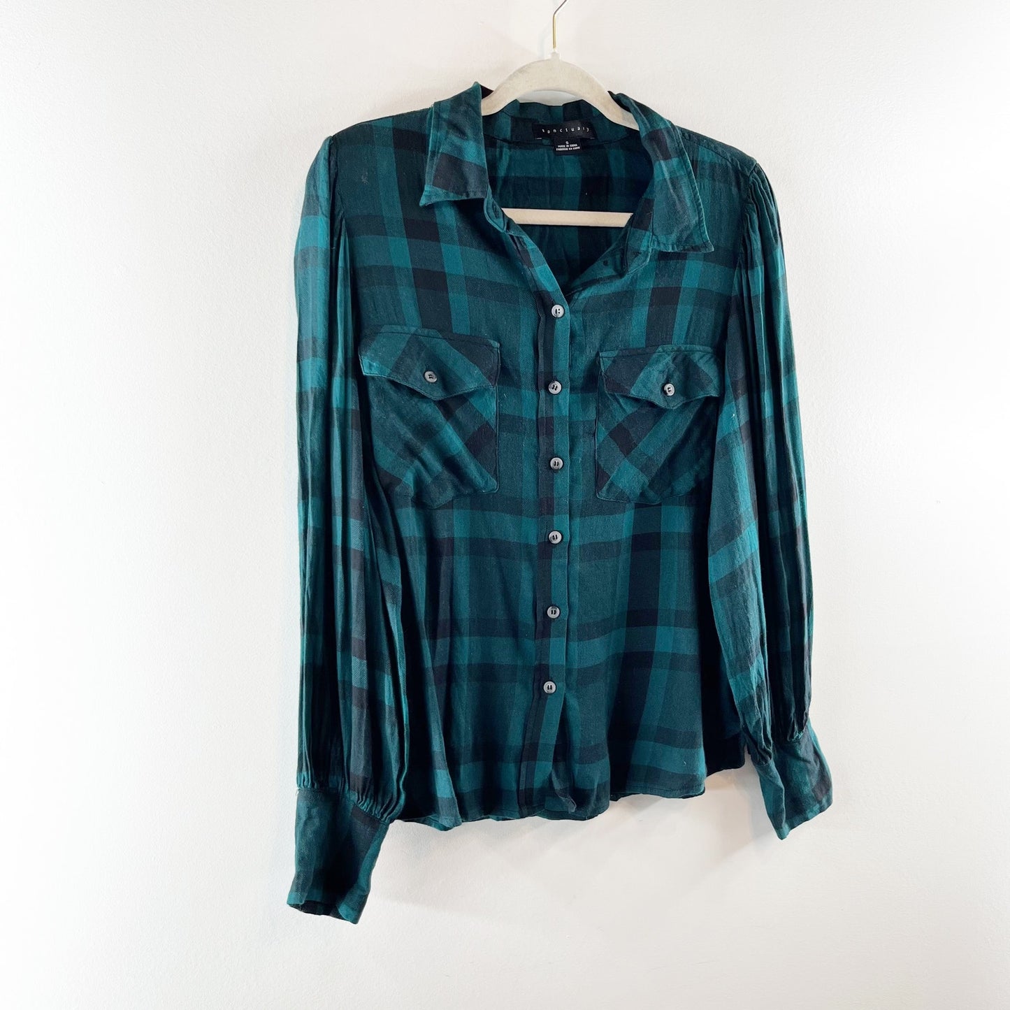 Sanctuary Fireside Boyfriend Button Down Plaid Shirt Teal Green Black Small