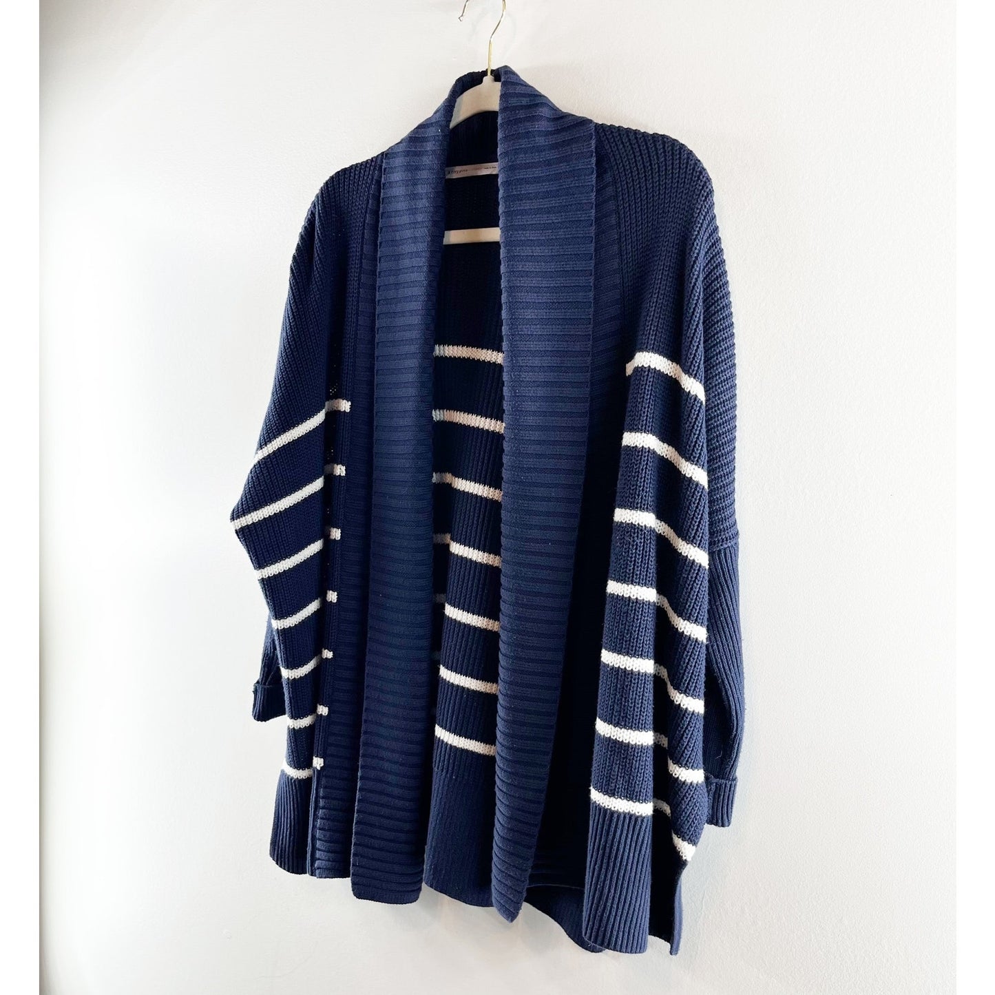 Athleta Striped Peaceful Wrap Open Knit Chunky Cardigan Sweater Navy Blue XXS