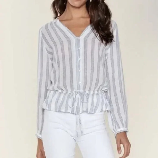 Rails Marti Long Sleeve Button Up Top Shirt Cayman Stripe White Blue XS