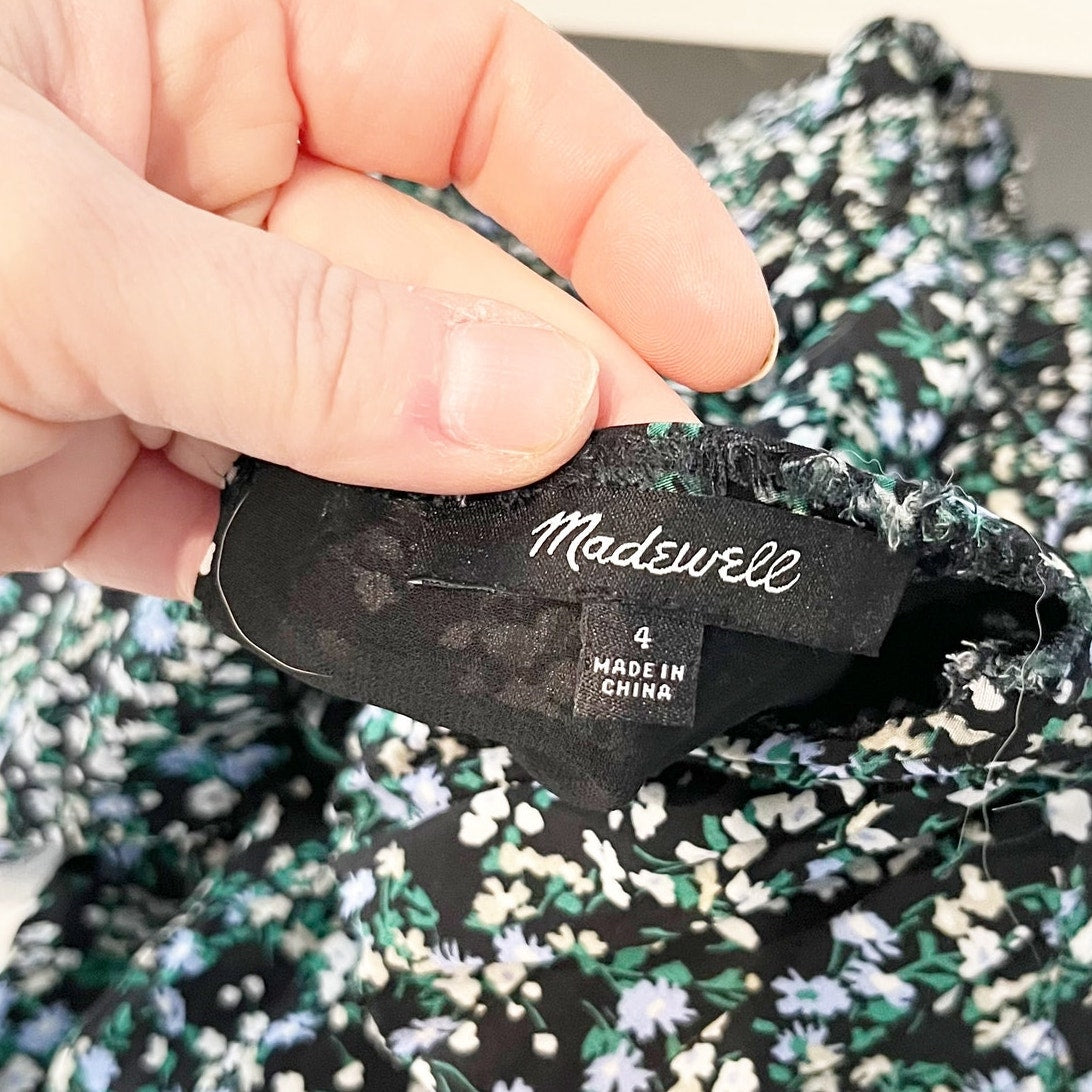 Madewell 3/4 Sleeve Smocked Floral Mini Dress Ditsy Black Green 4