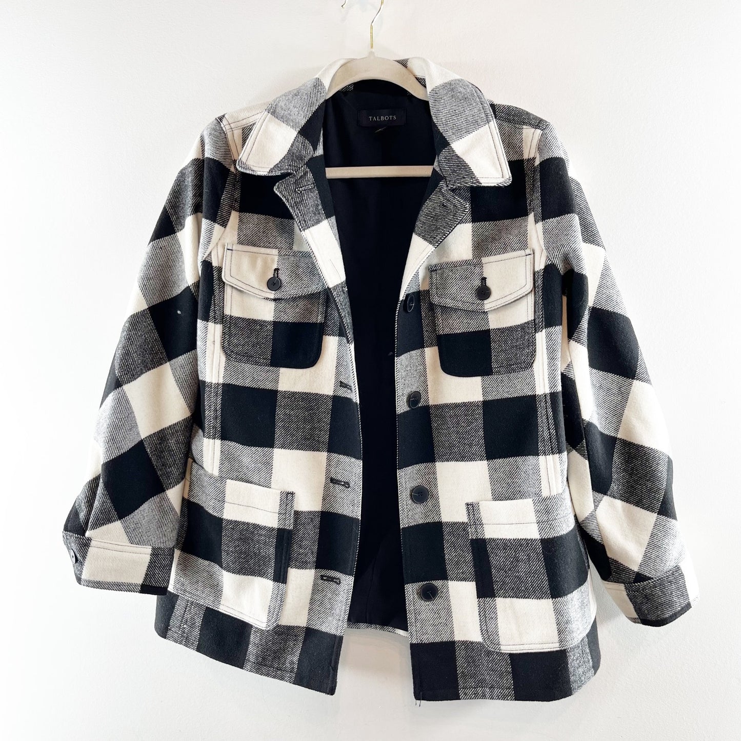 Talbots Belle Check Long Sleeve Button Up Shirt Jacket White Black Medium
