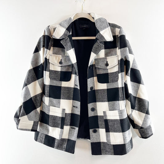 Talbots Belle Check Long Sleeve Button Up Shirt Jacket White Black Medium