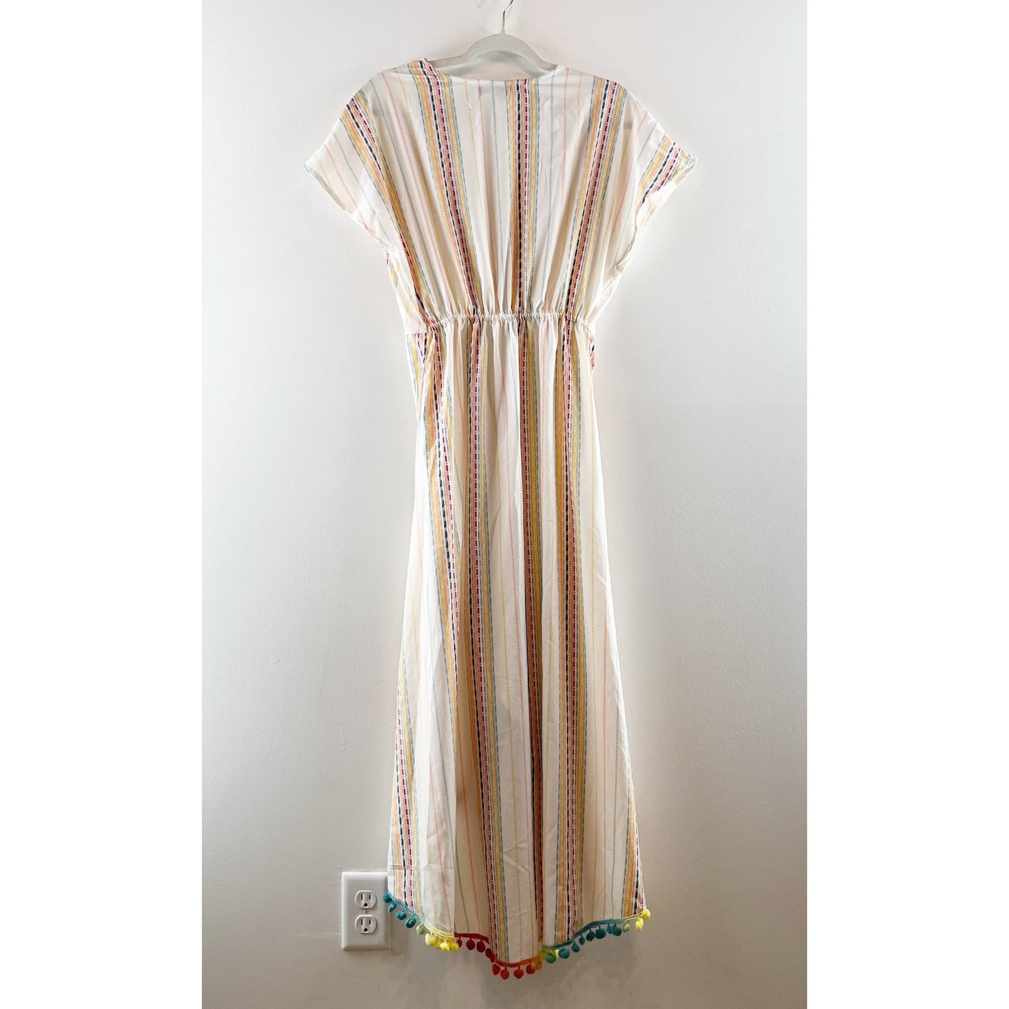 America & Beyond Short Sleeve Midi Striped Tassel Rainbow Cover Up White Small