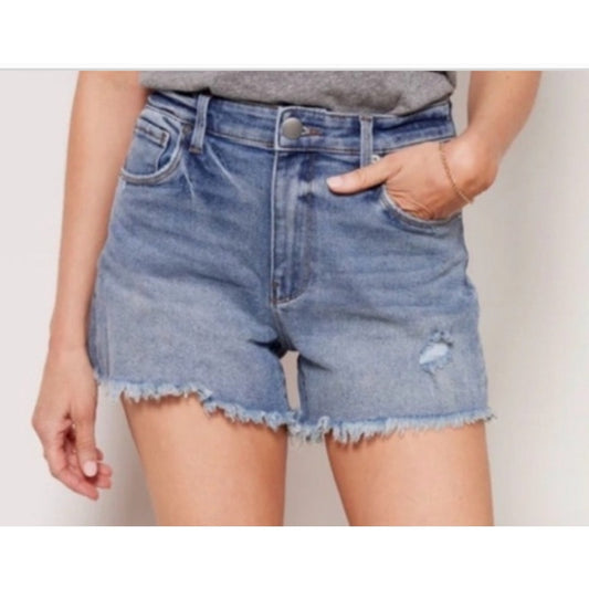 Evereve The Ever Short Mid Rise Stretch Raw Hem Denim Shorts Blue 25