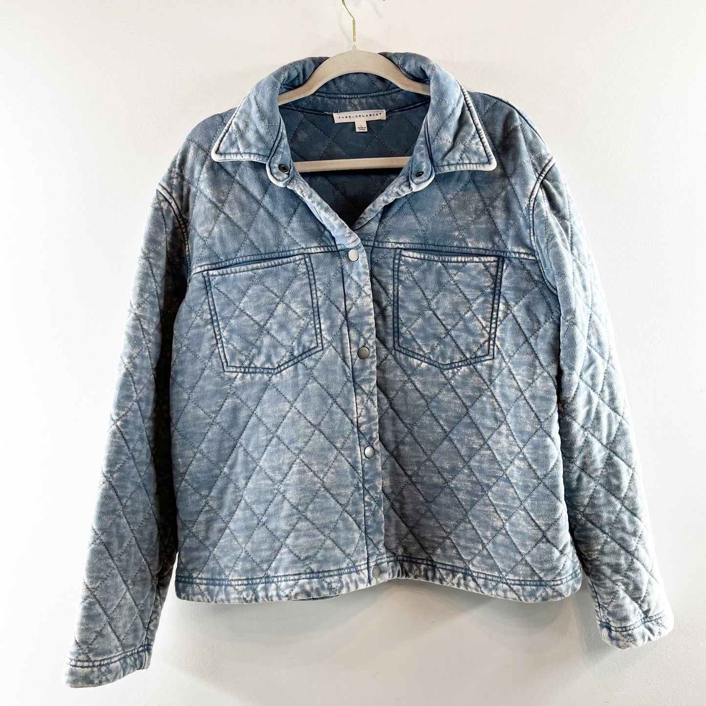 Jane + Delancey Long Sleeve Button Up Quilted Denim Washed Jacket Blue Large