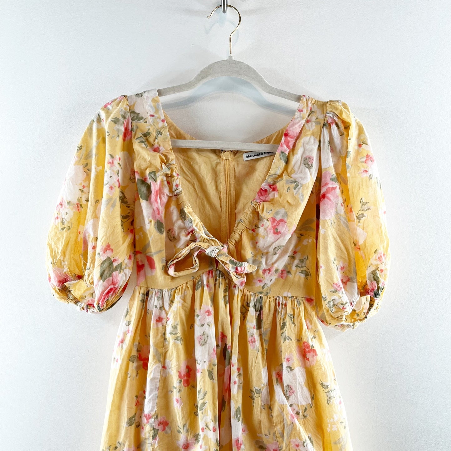 Abercrombie & Fitch Puff Short Sleeve Floral Tie Front Mini Dress Yellow XS