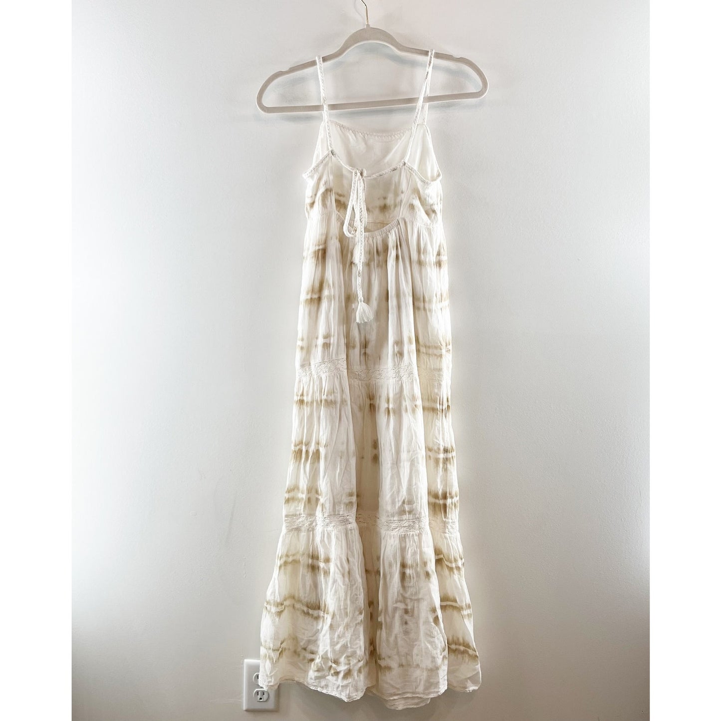 Aerie Cotton Tie Dye Tiered Maxi Sundress Dress Cream Tan XS NWT