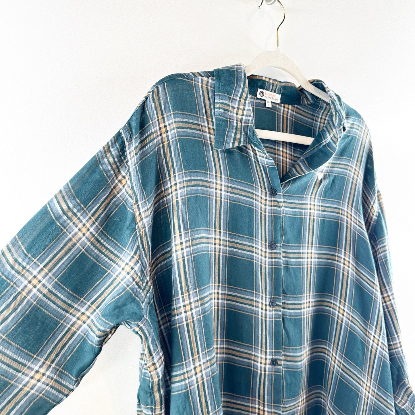 Sundry Evereve Heart Plaid Long Sleeve Hi-Low Button Down Shirt Pine Green Small