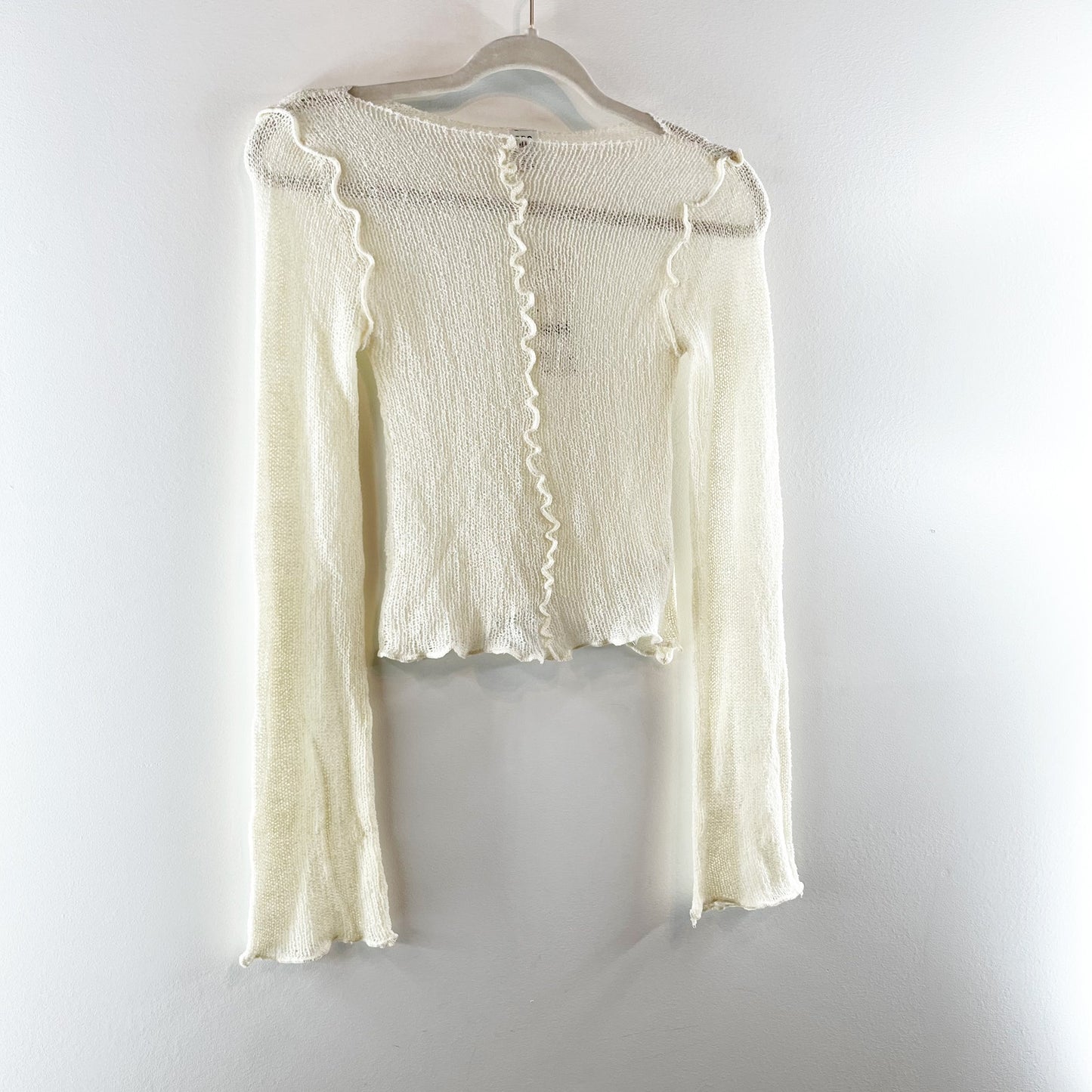 Urban Outfitters Sheer Boatneck Lettuce Trim Bell Sleeve Sweater Top Cream Small