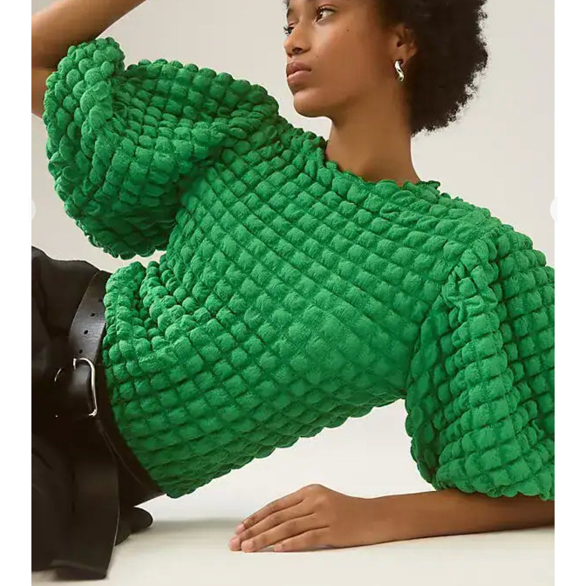 Eri + Ali Anthropologie Textured Puff Sleeve Top Shirt Blouse Green Small