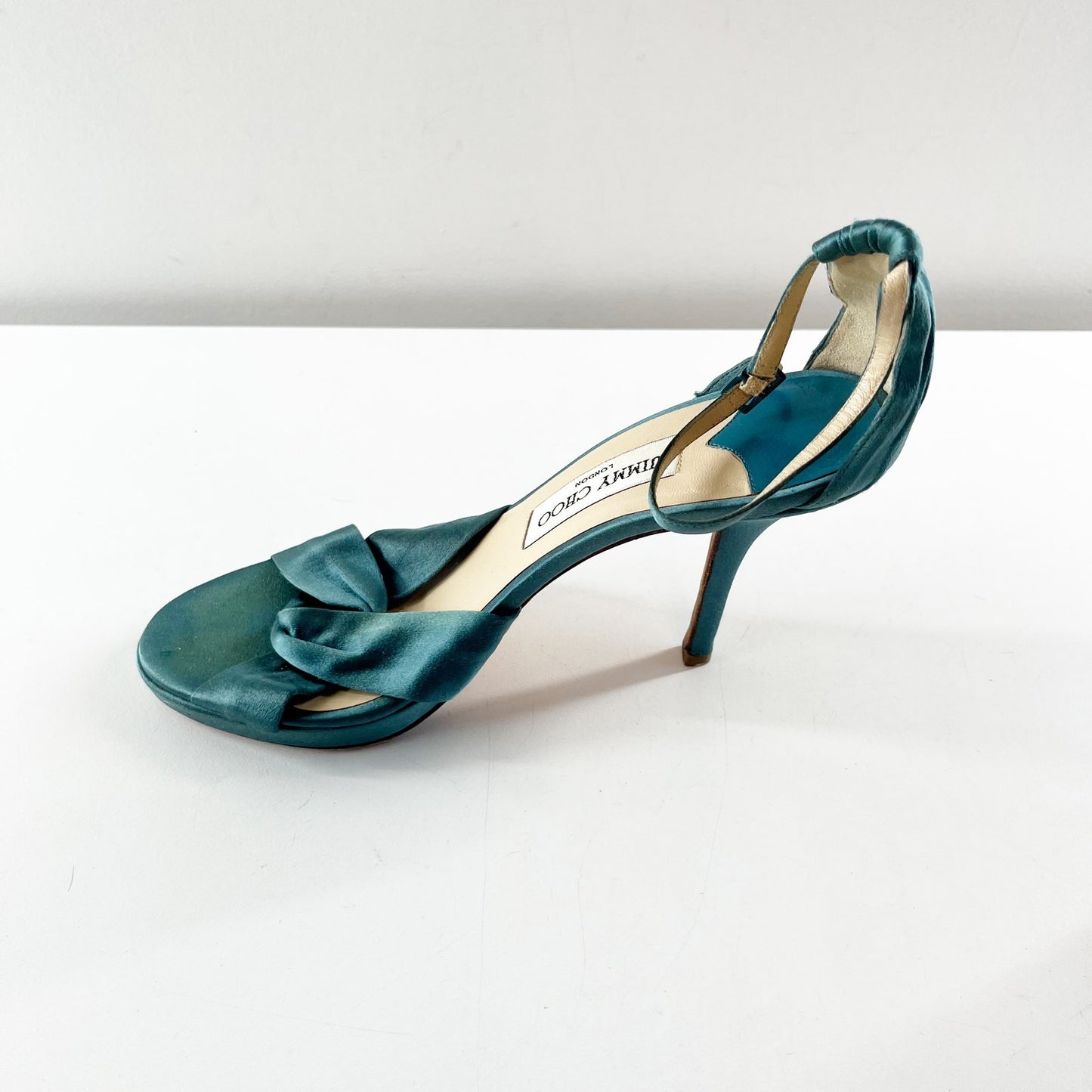 Jimmy Choo Marion Satin Knotted Ankle Strap Platform Stiletto Sandals Green 38