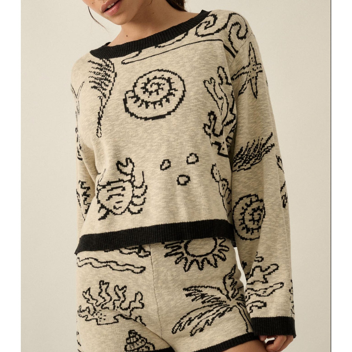 Promesa Beach Bash Nautical Long Sleeve Jacquard Knit Sweater Tan Beige Large