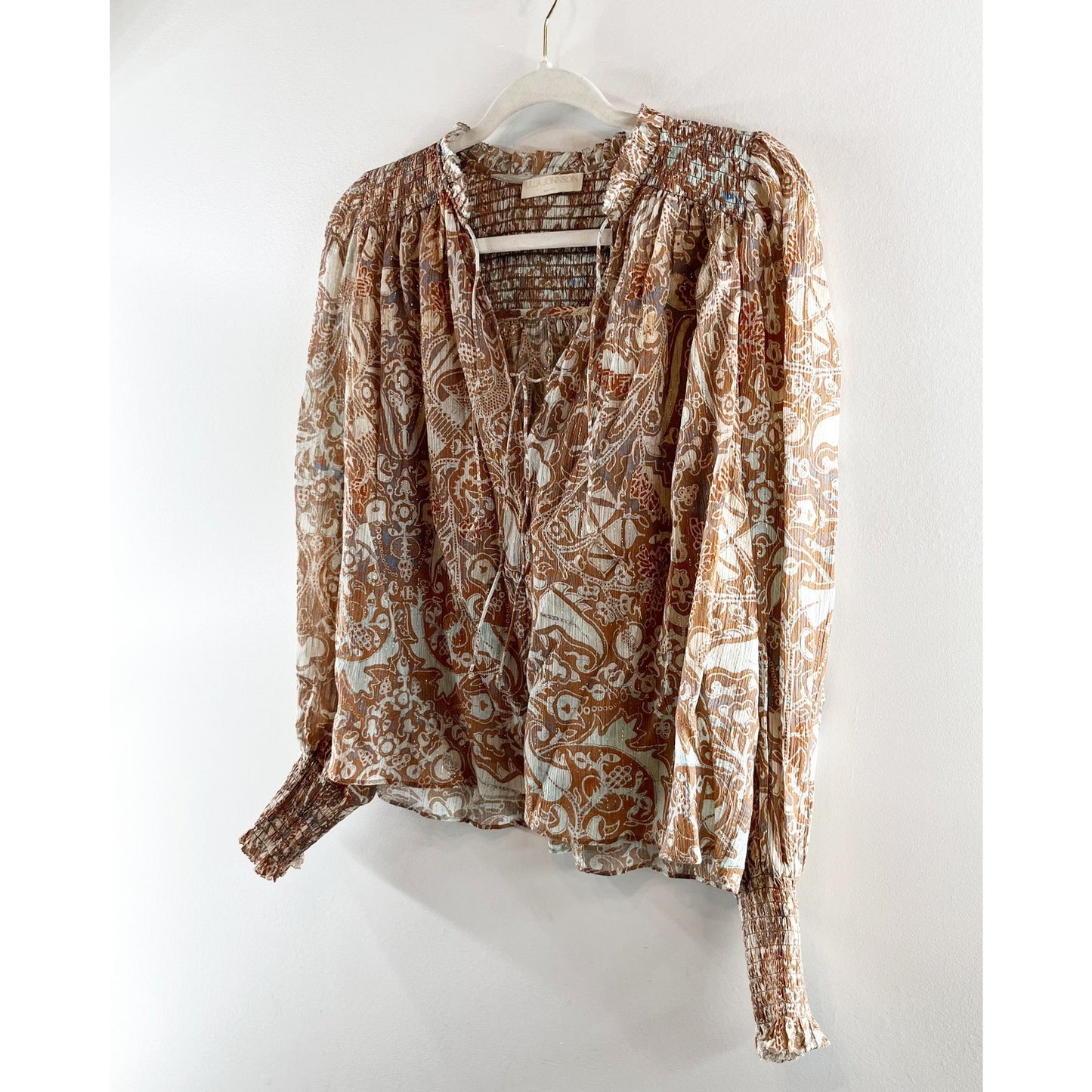 Ulla Johnson Ida Printed Cotton Blend Puff Sleeve Split-Neck Blouse Feldspar 2