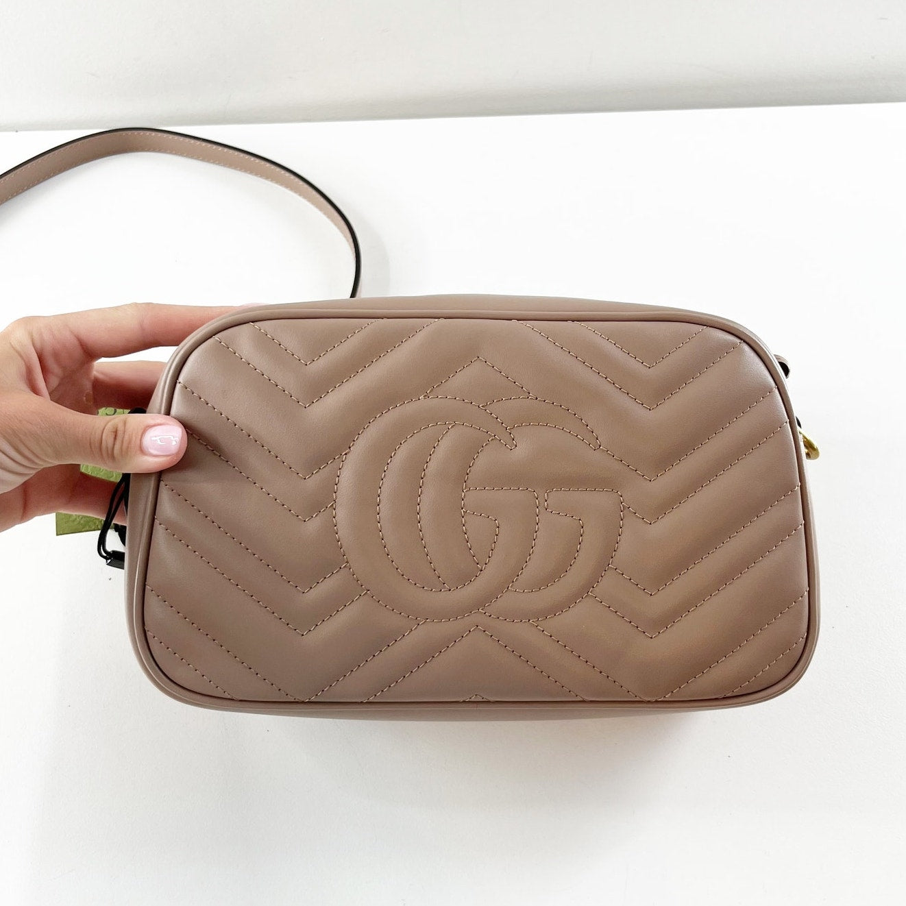 Gucci GG Marmont Chevron Camera Crossbody Bag Purse Porcelain Rose Lion Trap