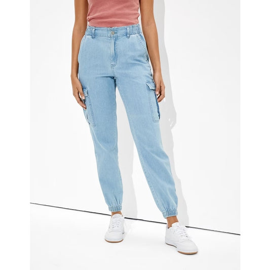 American Eagle Relaxed Mom Denim High Rise Cargo Jogger Jeans Pants Blue 6