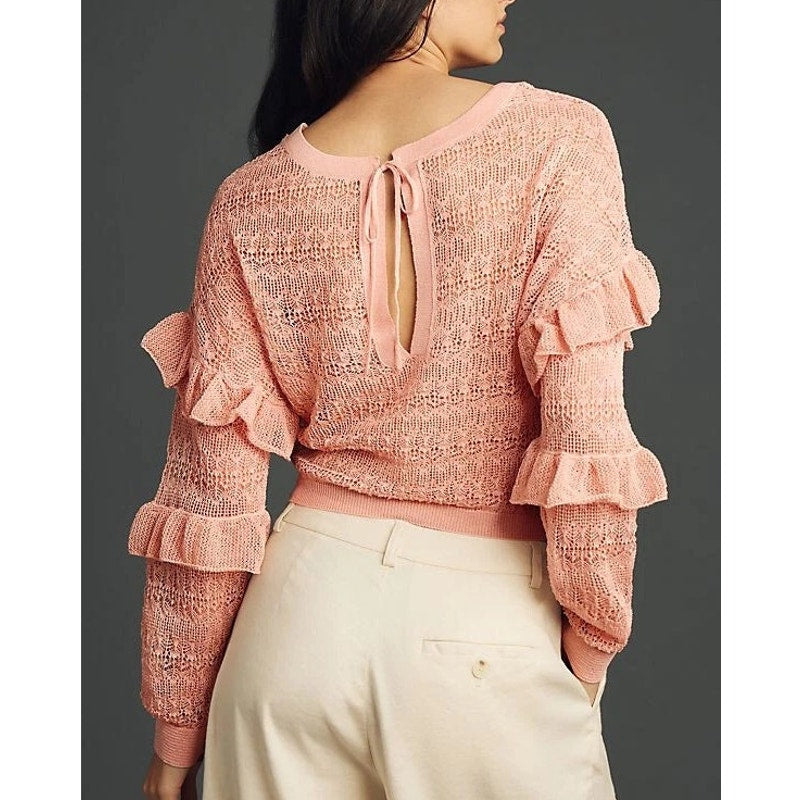 Anthropologie Sheer Open-Stitch Ruffle Pullover Sweater Pink Peach Small