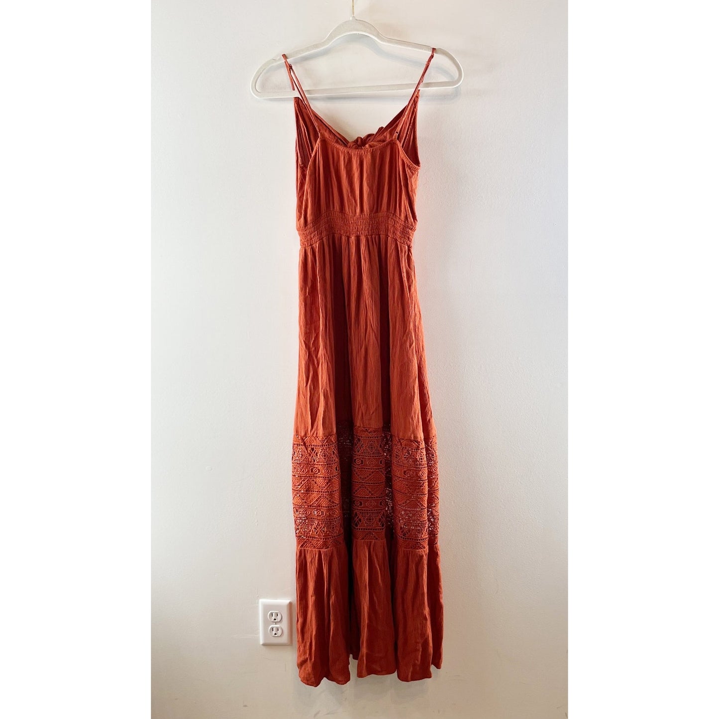 American Eagle Tie Front Crochet Maxi Dress Burnt Orange Rust Small