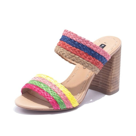 Alice + Olivia Leeda Raffia Rainbow Slip On Block Heel Sandals Rainbow 8