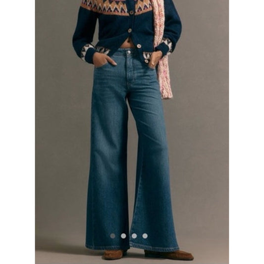 Pilcro Anthropologie Adi Mid Rise Wide Leg Flare Jeans Dark Wash Blue 29 Tall