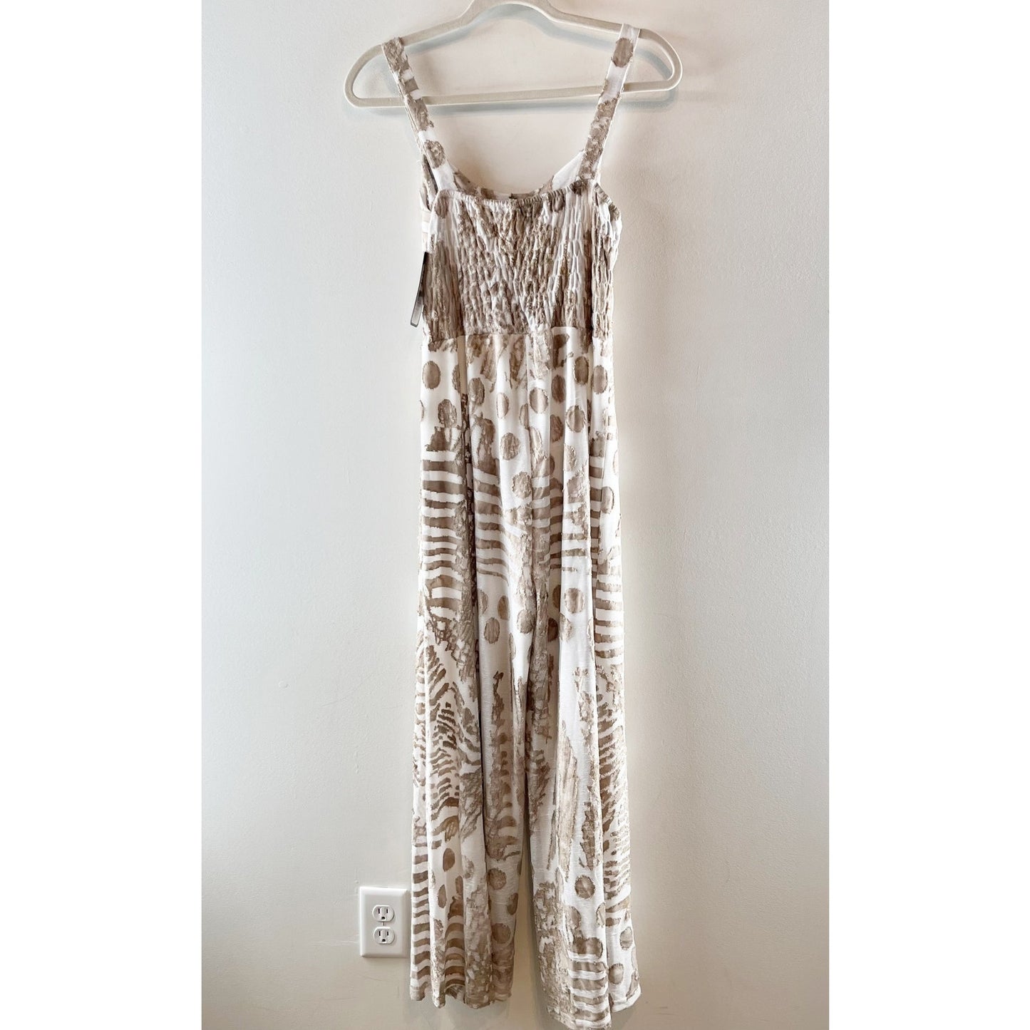 Piccadilly Sleeveless Tie Front Smocked One Piece Wide Leg Jumpsuit Taupe Medium