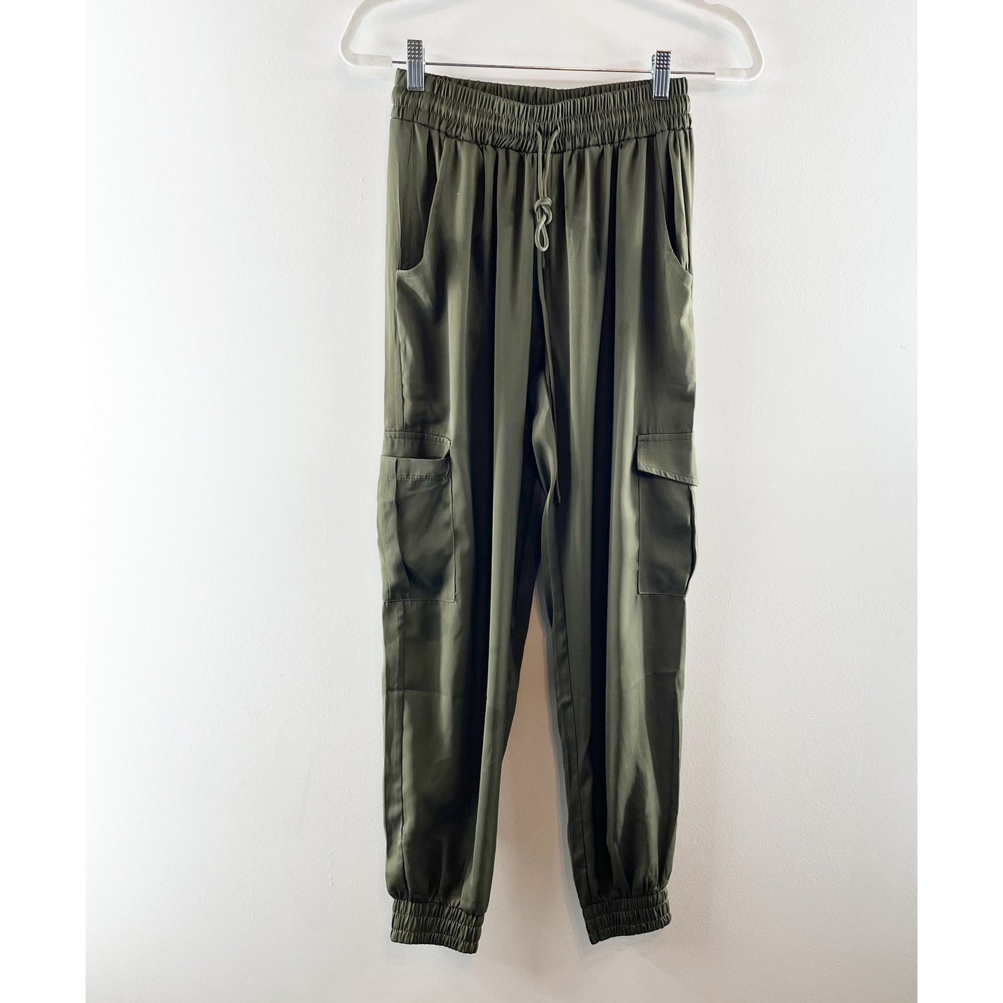 PINCH Satin Pull On High Waisted Drawstring Cargo Jogger Pants Olive Green Small