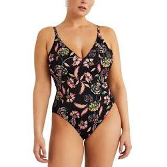 Boden Floral One Piece Low Strappy Back Swimsuit Black 6