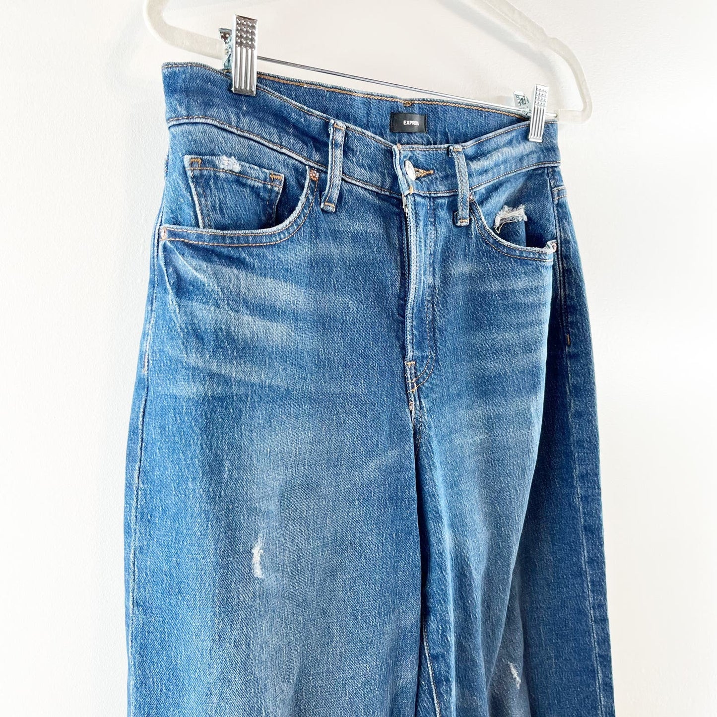 Express Ripped High Rise Wide Leg Distressed Raw Hem Jeans Dark Wash Blue 6 Long