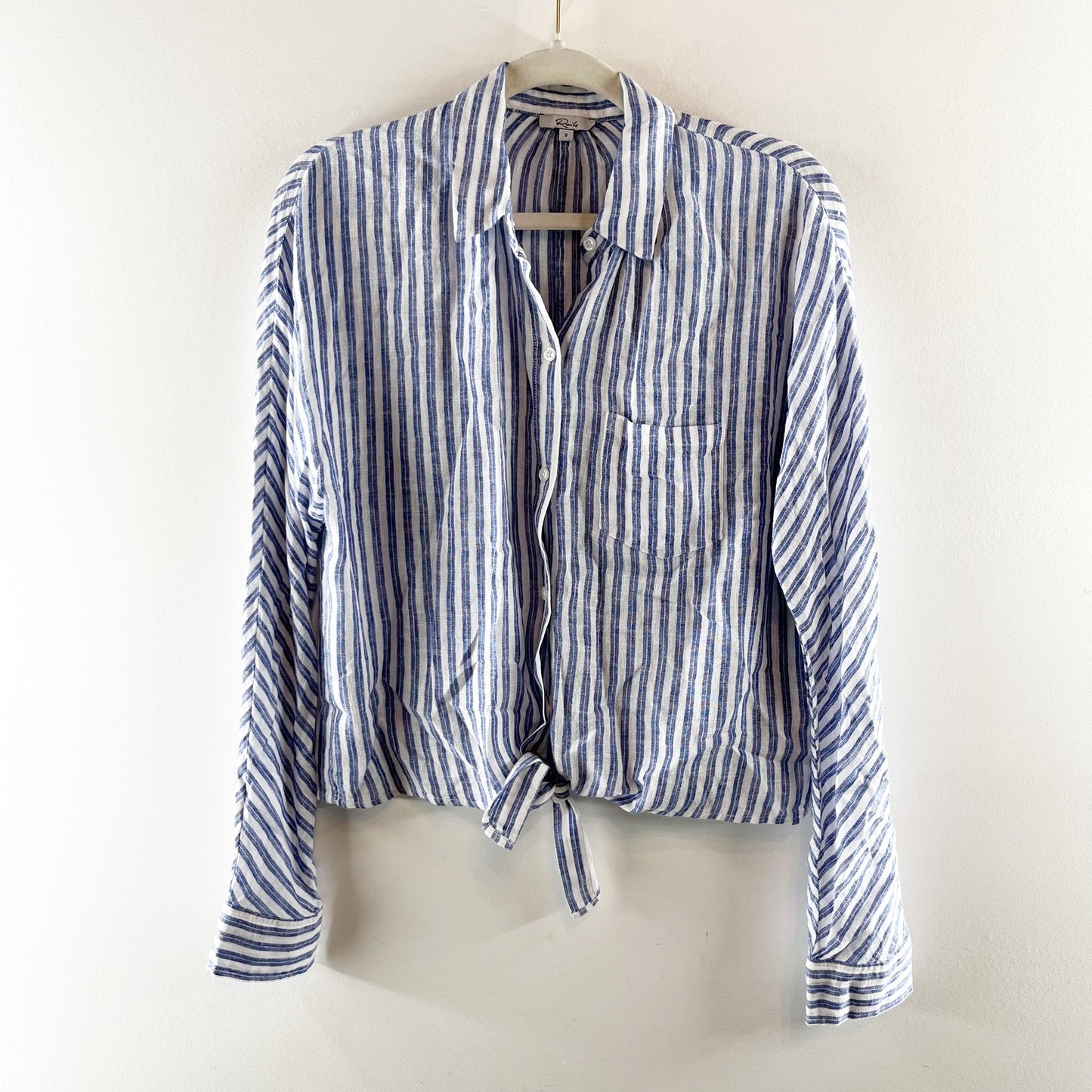 Rails Rylan Button Up Striped Linen Blend Tie Front Shirt Atlas Stripe Blue S