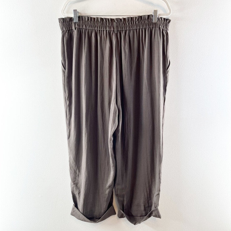 Halara High Waisted Zipper Pocket Cropped Linen-Feel Pants Dark Earthy Brown XL
