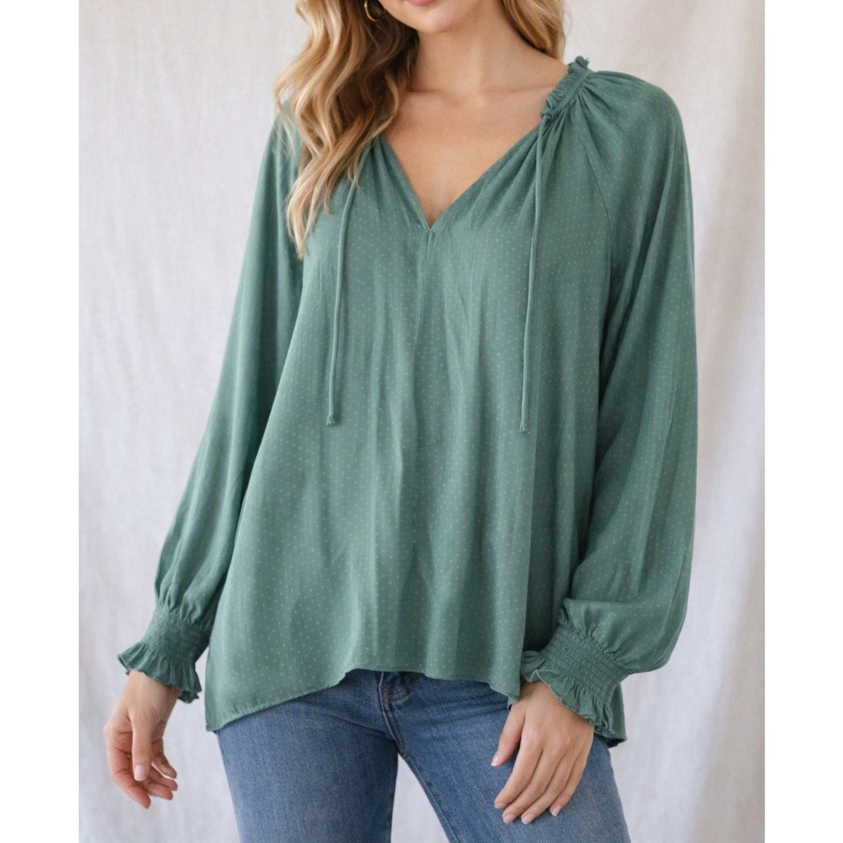 Caballero Long Sleeve V Neck Satin Blouse Top Green Large