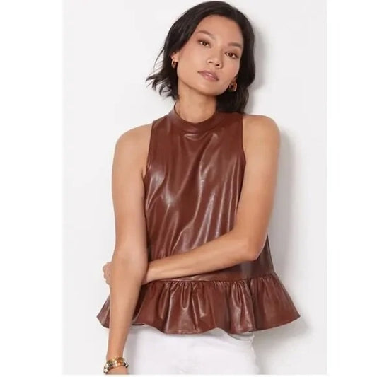 Amanda Uprichard Faux Leather Anders Peplum Ruffle Tank Top Brown Small