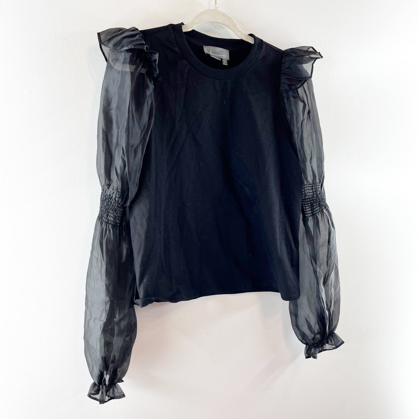 Anthropologie Crewneck Organza Puff Long Sleeve Blouse Top Black Medium