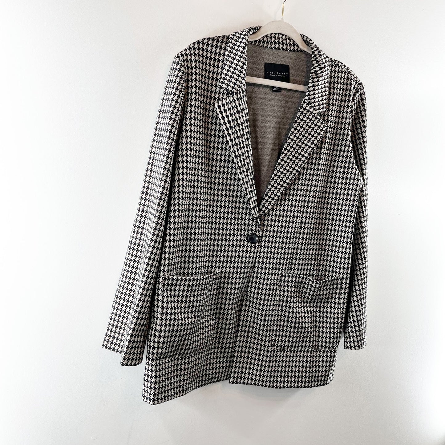 Sanctuary Longline Saddle Houndstooth Blazer Jacket Gray Black XL