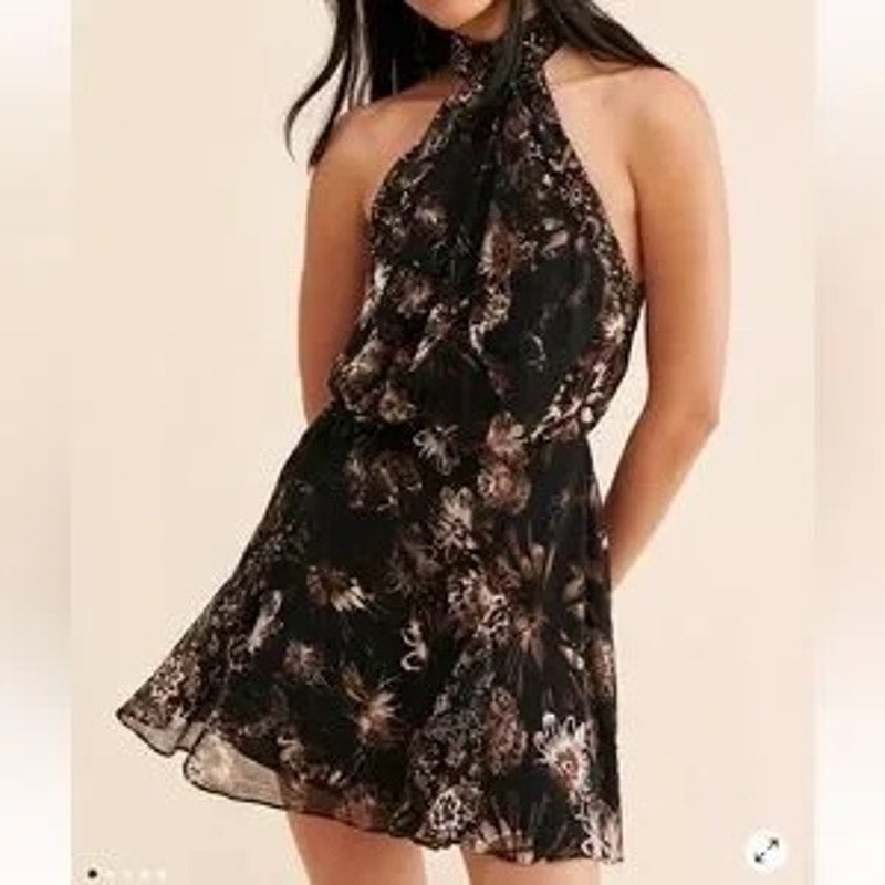 Free People Katerina Halter Tie Sleeveless Floral Mini Dress Black Small
