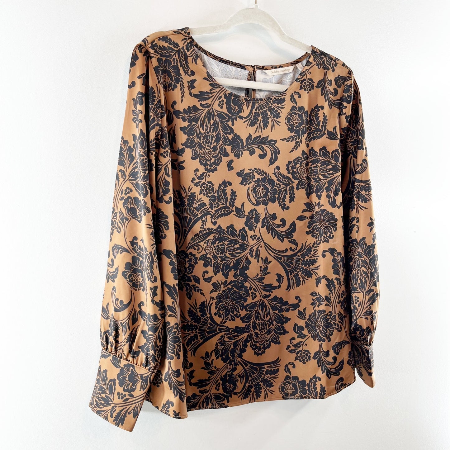 Soft Surroundings Long Sleeve Satin Paisley Blouse Top Brown Black Large