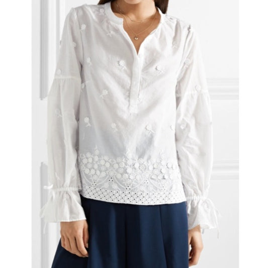 J. Crew Floral Embroidered Cotton Long Sleeve Top Blouse White Small